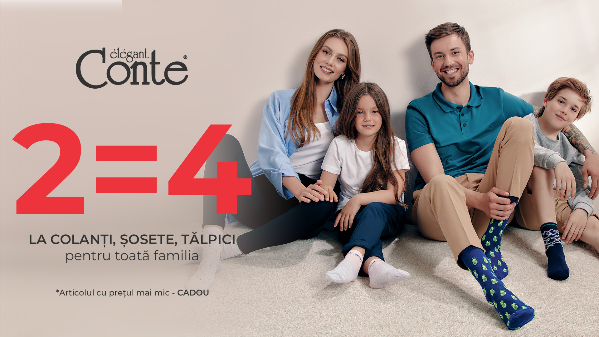 Conte: 2=4 la șosete, colanți și tălpici pentru întreaga familie